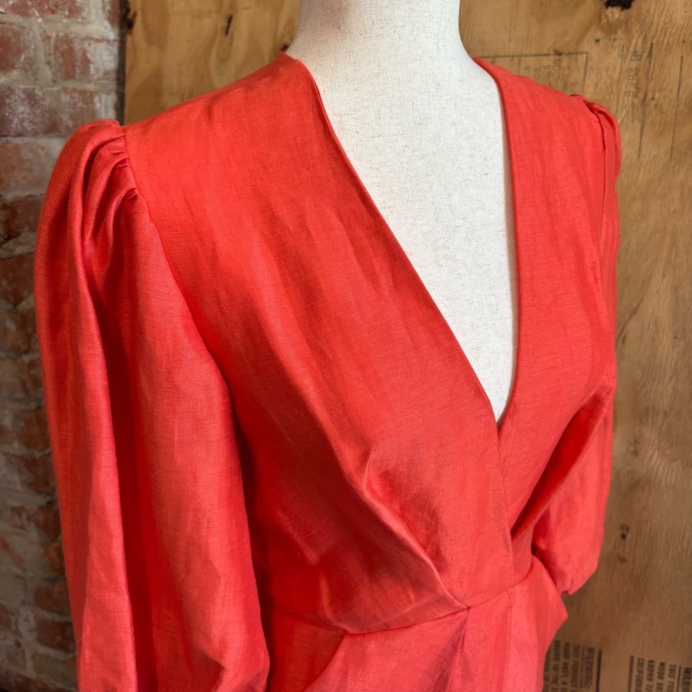 Allen Schwartz Georgina Linen Puff Sleeve Day Dress Terracotta Orange Sz 6 - Picture 3 of 7